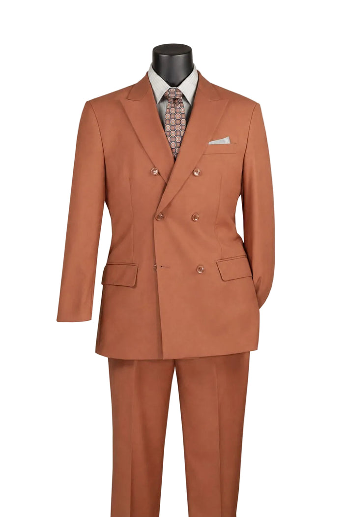 The mannequin wears the Vinci Suits Regular Fit Amber Double Breasted 2 Piece Suit with Adjustable Waistband Pants F-DC900, styled with a shirt, tie, and pocket square.