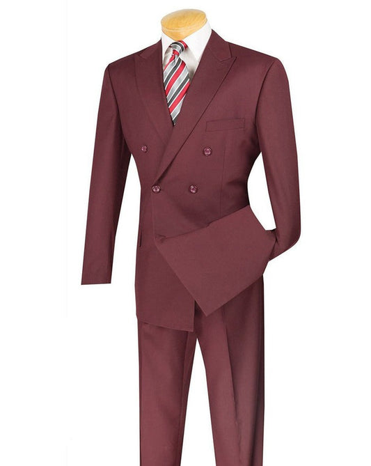 A mannequin elegantly showcases Vinci Suits' Regular Fit Double Breasted 2 Piece Suit in burgundy (F-DC900), complete with a peak lapel, crisp white shirt, and red-striped tie.