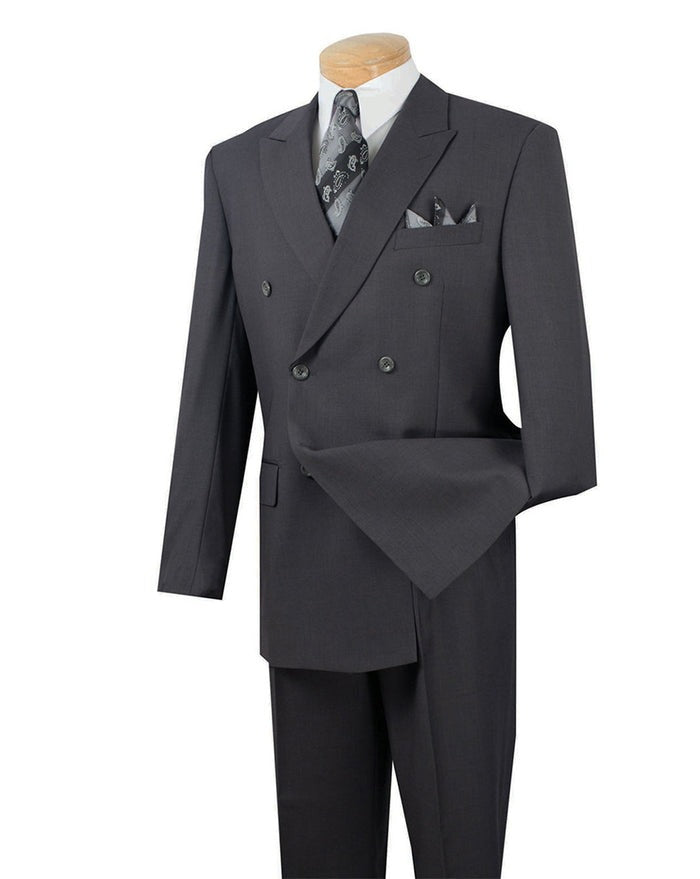A mannequin displays the Vinci Suits Regular Fit Double Breasted 2 Piece Suit, Heather Gray F-DC900, with a flexible elastic waistband, paired with a patterned tie and pocket square.