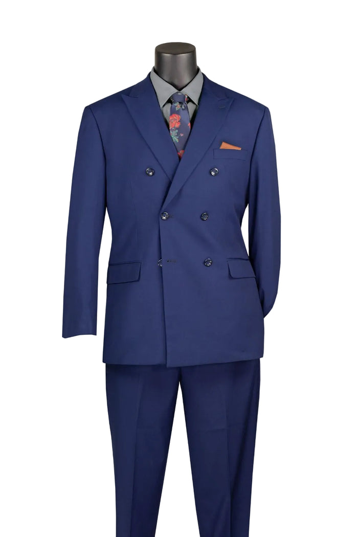 Mannequin wearing the Vinci Suits Regular Fit Patriot Blue Double Breasted 2 Piece Suit with Adjustable Waistband Pants F-DC900, a gray shirt, floral tie, and orange pocket square.