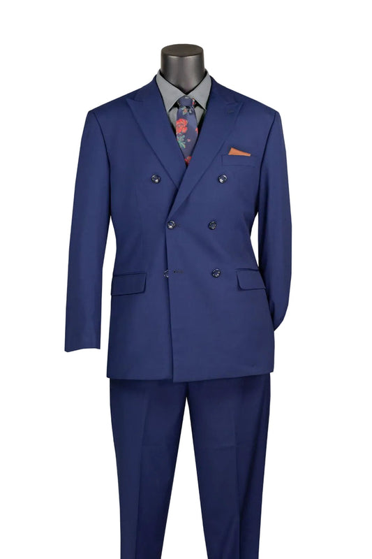 Mannequin wearing the Vinci Suits Regular Fit Patriot Blue Double Breasted 2 Piece Suit with Adjustable Waistband Pants F-DC900, a gray shirt, floral tie, and orange pocket square.