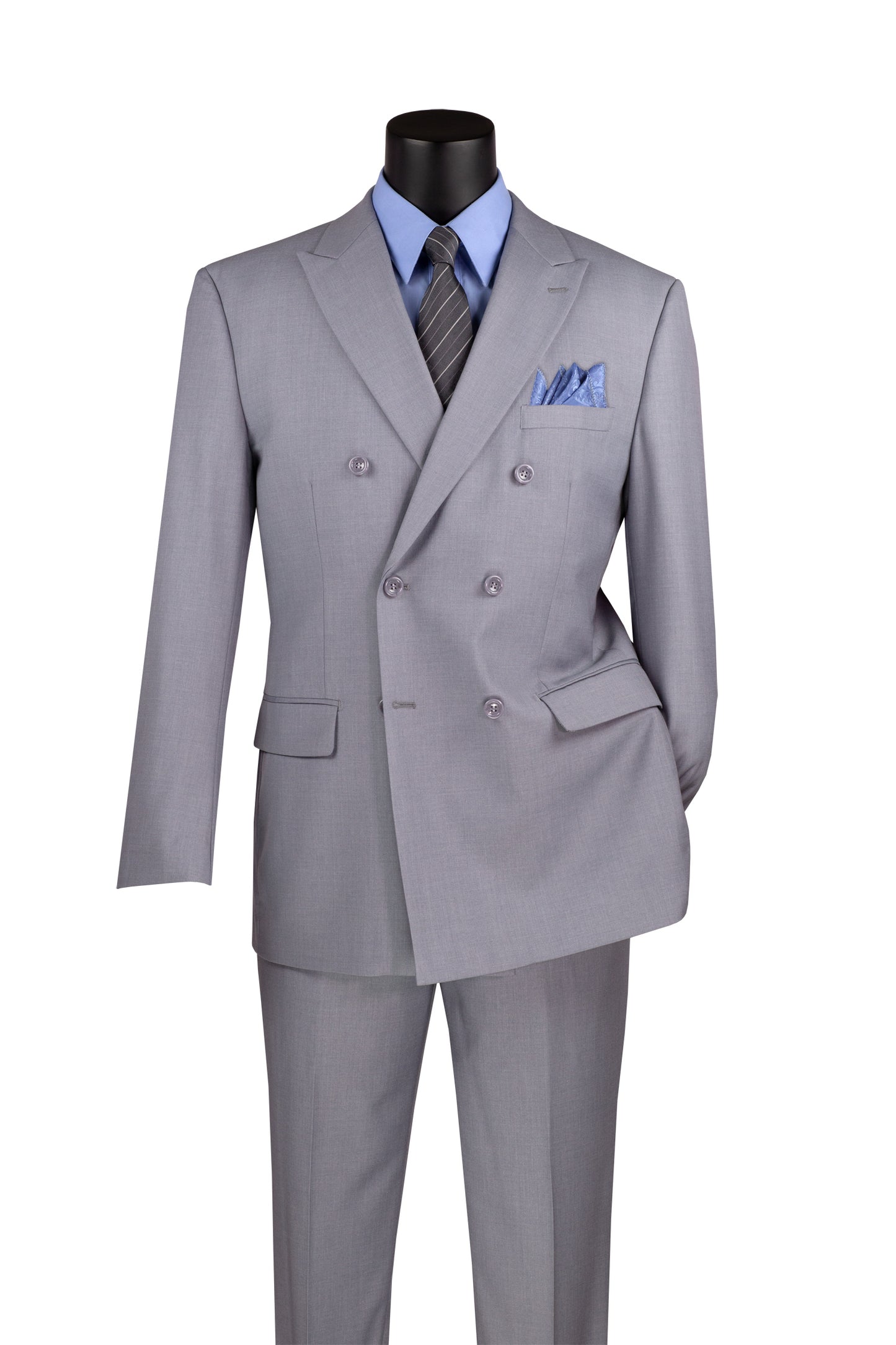 On the mannequin is a sophisticated Vinci Suits regular fit double-breasted suit, wrinkle-resistant in light gray F-DC900. Paired with a blue dress shirt and striped tie, it includes a coordinating blue pocket square, embodying elegance for any occasion.
