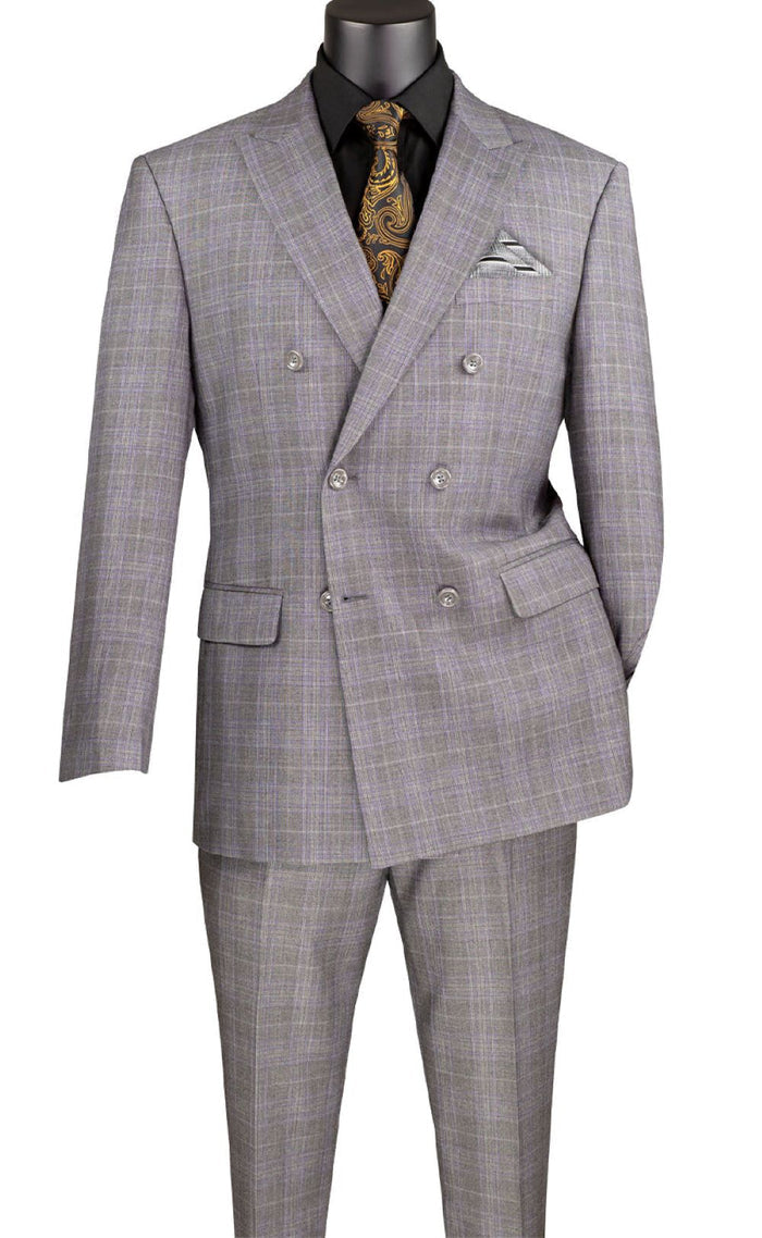 The Vinci Suits Regular Fit Gray Glen Plaid Double Breasted 2 Piece Suit F-DRW1 is styled with a black shirt, gold patterned tie, and pocket square on a mannequin.