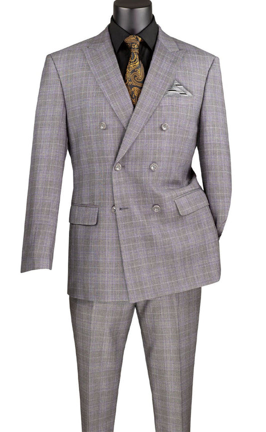 The Vinci Suits Regular Fit Gray Glen Plaid Double Breasted 2 Piece Suit F-DRW1 is styled with a black shirt, gold patterned tie, and pocket square on a mannequin.