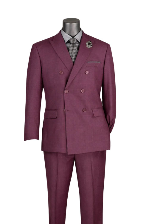 The Regular Fit Burgundy Glen Plaid Double Breasted 2 Piece Suit F-DRW2 by Vinci Suits features black buttons, peak lapels, and a white shirt; left sleeve tucked behind the mannequin.