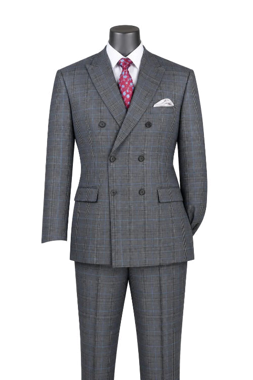 Mannequin wears the Vinci Suits Regular Fit Charcoal Glen Plaid Double Breasted 2 Piece Suit F-DRW2 with a white dress shirt, red patterned tie, and white pocket square.