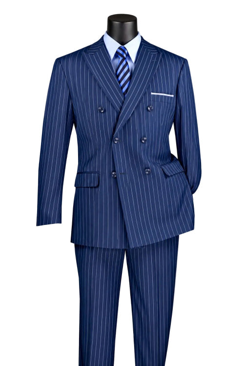 The Vinci Suits Regular Fit Blue Double Breasted Stripe Suit 2 Piece with Adjustable Waistband Pants F-DSS is displayed on a mannequin with a white shirt and blue striped tie.