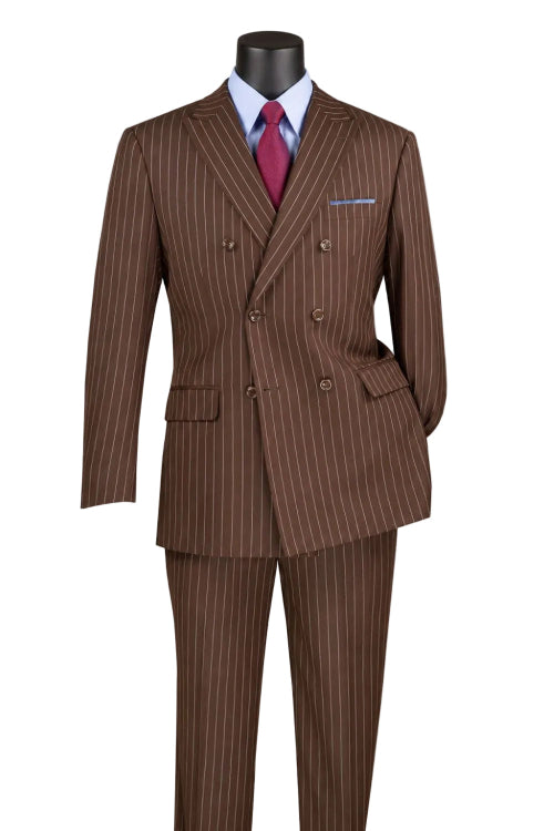 Vinci Suits Regular Fit Brown Double Breasted Stripe Suit 2 Piece with Adjustable Waistband Pants F-DSS, styled with a blue shirt, red tie, and blue pocket square on display.