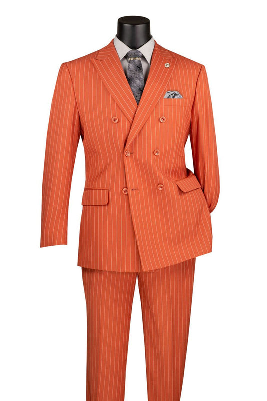 Regular Fit Canyon Clay Double Breasted Stripe Suit 2 Piece with Adjustable Waistband Pants F-DSS by Vinci Suits, shown with gray patterned tie and pocket square on a mannequin.