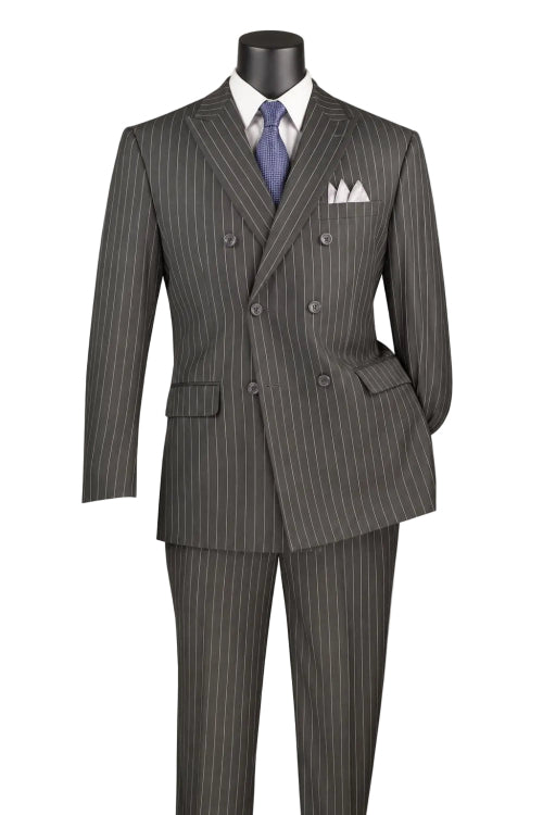 Mannequin wears the Vinci Suits Regular Fit Charcoal Double Breasted Stripe Suit 2 Piece with Adjustable Waistband Pants F-DSS, styled with a white shirt, blue tie, and white pocket square.