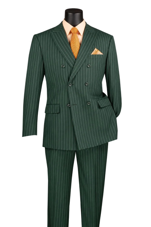 The Vinci Suits Regular Fit Hunter Green Double Breasted Stripe Suit 2 Piece with Adjustable Waistband Pants F-DSS is styled with a peach shirt and orange tie on a headless mannequin.