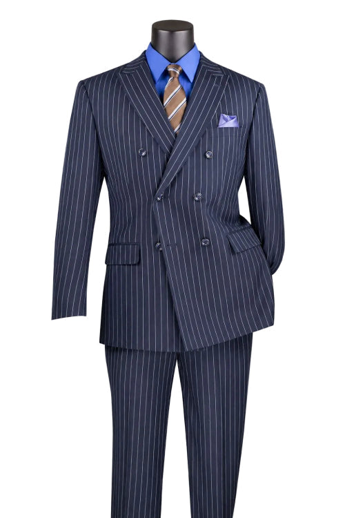 The Vinci Suits Regular Fit Navy Double Breasted Stripe Suit 2 Piece with Adjustable Waistband Pants F-DSS is styled with a blue shirt, brown striped tie, and purple pocket square.