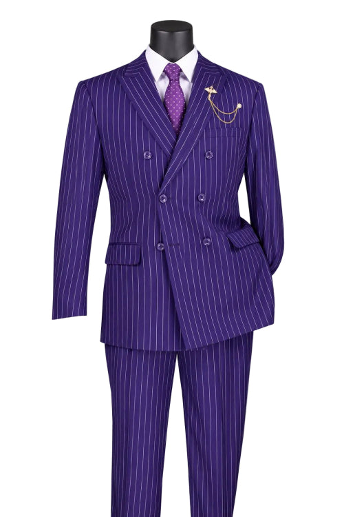 A mannequin displays the Vinci Suits Regular Fit Purple Double Breasted Stripe Suit 2 Piece with Adjustable Waistband Pants F-DSS, styled with a white shirt, purple tie, and gold chain.