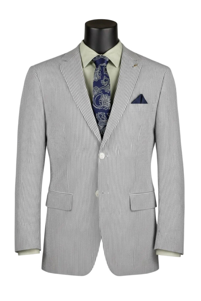 A mannequin showcases the Modern Fit Green Summer 2 Piece 2 Button Suit Striped Seersucker F-MSS1 by Vinci Suits with a green shirt, blue tie, and navy pocket square.