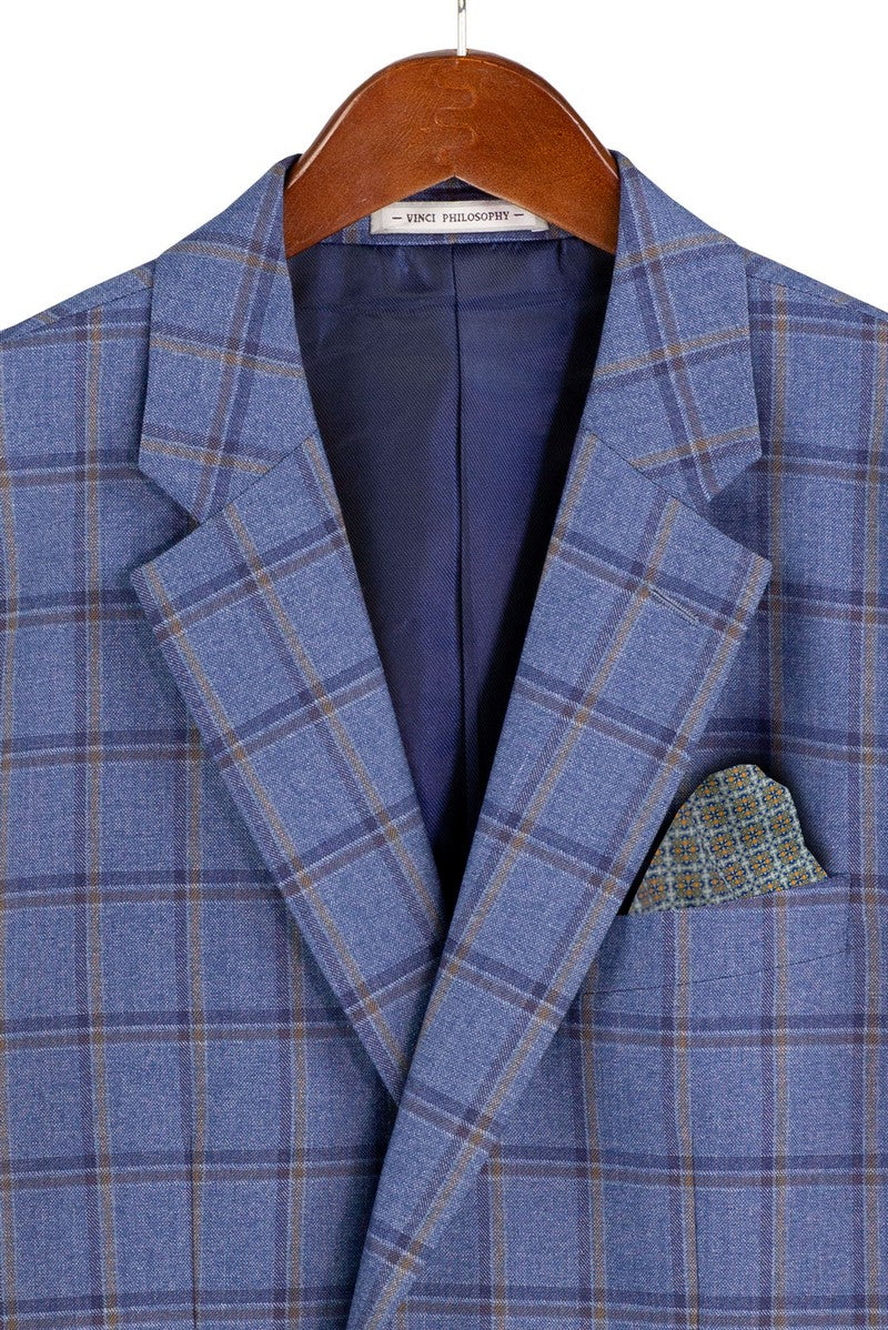 The Modern Fit Blue Windowpane Suit 3 Piece with Adjustable Waistband Pants F-MV2W4 by Vinci Suits is shown with a pink shirt, navy tie, gold chain, and purple pocket square on a mannequin.