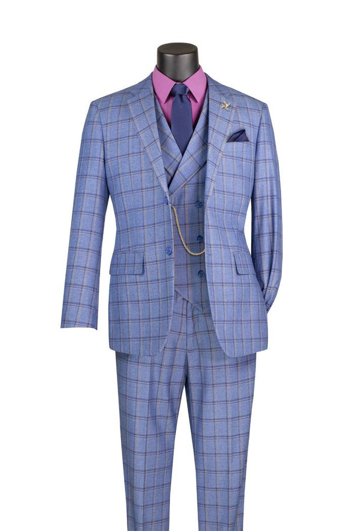 The Modern Fit Blue Windowpane Suit 3 Piece with Adjustable Waistband Pants F-MV2W4 by Vinci Suits is shown with a pink shirt, navy tie, gold chain, and purple pocket square on a mannequin.