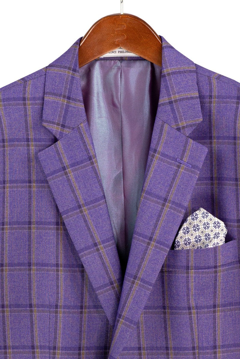 The Modern Fit Purple Windowpane Suit 3 Piece with Adjustable Waistband Pants F-MV2W4 by Vinci Suits is displayed on a mannequin with a black shirt, striped tie, vest, chain, and draped sleeve.