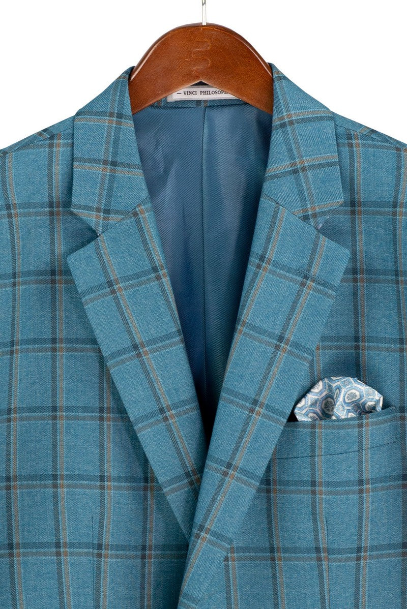 The Modern Fit Teal Blue Windowpane Suit 3 Piece with Adjustable Waistband Pants F-MV2W4 by Vinci Suits is shown on a mannequin with orange shirt, blue tie, and yellow pocket square.