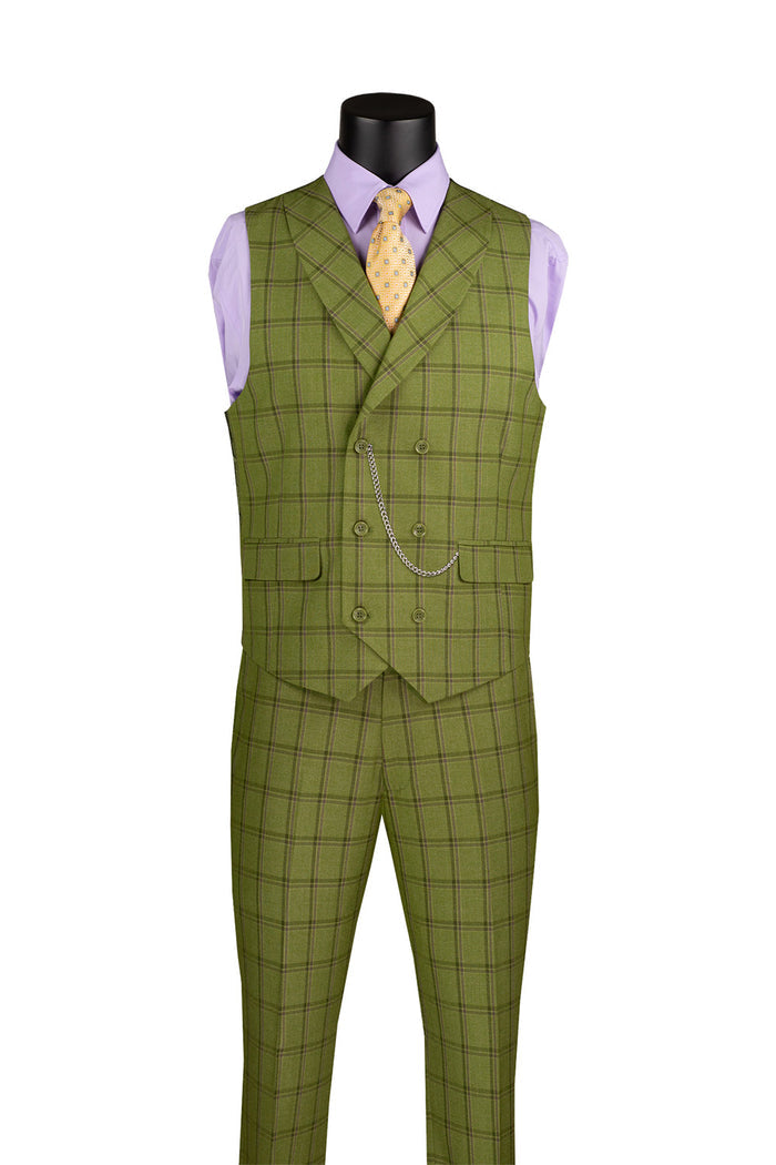 The Modern Fit Moss Windowpane Suit 3 Piece with Adjustable Waistband Pants F-MV2W4 by Vinci Suits is styled on a mannequin with a lavender shirt and yellow patterned tie.