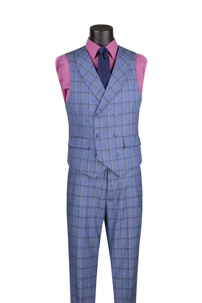 The Modern Fit Blue Windowpane Suit 3 Piece with Adjustable Waistband Pants F-MV2W4 by Vinci Suits is shown with a pink shirt, navy tie, gold chain, and purple pocket square on a mannequin.