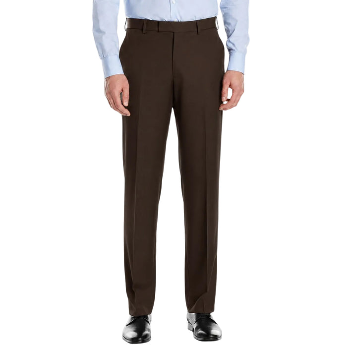 A person wearing Luxurious Wool Feel Flat Front Pre-Hemmed Dress Pants Brown ON-900 by Vinci Suits, a light blue collared shirt, and black dress shoes against a white background.