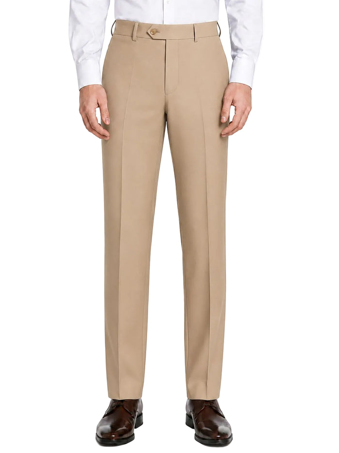 Man wearing Luxurious Wool Feel Flat Front Pre-Hemmed Dress Pants Light Beige ON-900 by Vinci Suits, a white dress shirt, and brown dress shoes, standing with arms at sides.