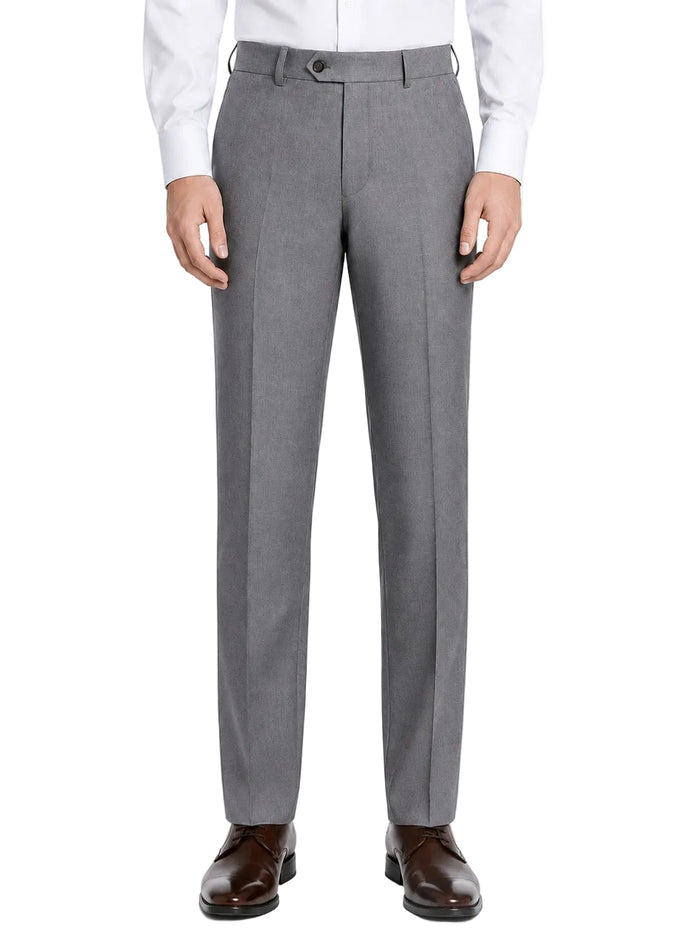 Someone wearing Luxurious Wool Feel Flat Front Pre-Hemmed Dress Pants Medium Gray ON-900 by Vinci Suits, a white shirt, and brown shoes against a white background.