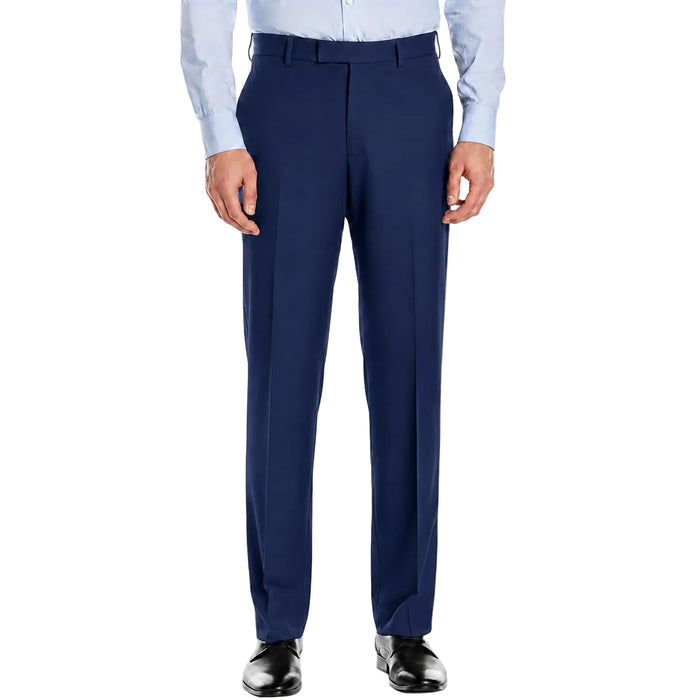 A person in a light blue dress shirt, Luxurious Wool Feel Flat Front Pre-Hemmed Dress Pants Twilight Blue ON-900 by Vinci Suits, and black dress shoes against a white background.