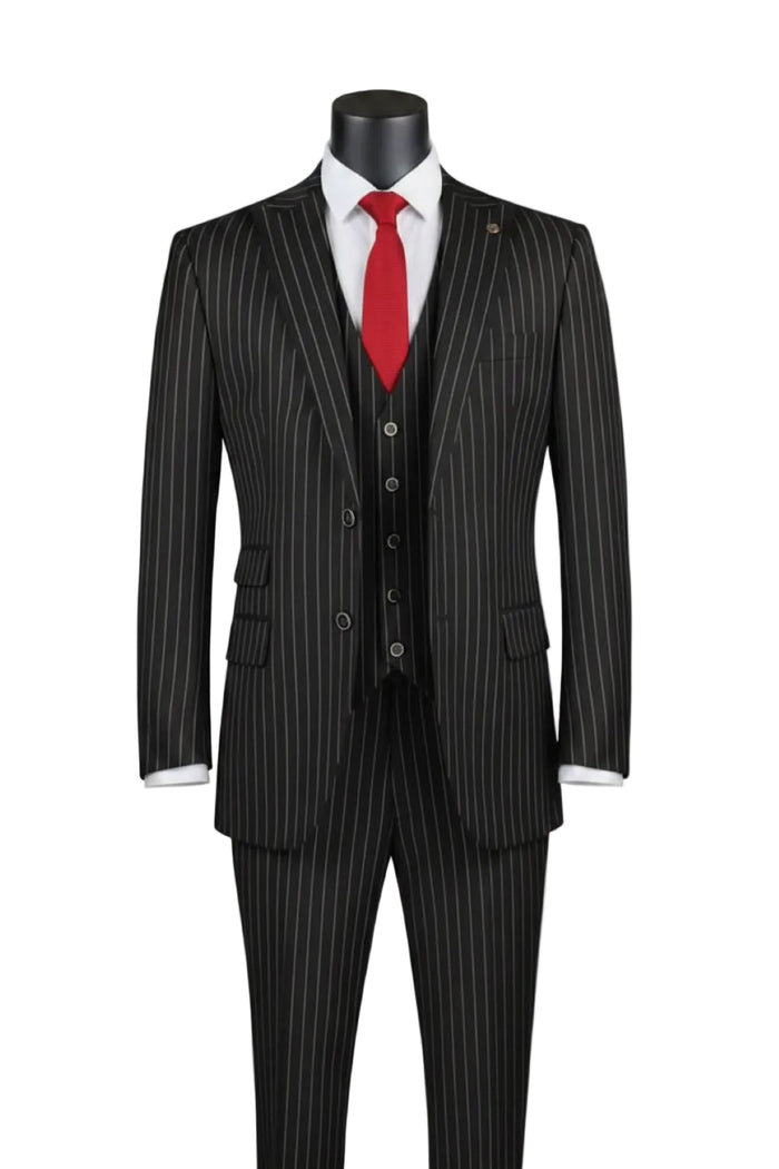 Regular Fit Black Bold Stripes 3 Piece Suit With Adjustable Waistband Pants F-V2RS9 by Vinci Suits, shown with a white shirt and red tie on a mannequin.