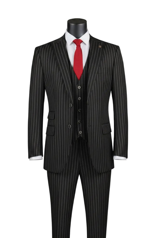 Regular Fit Black Bold Stripes 3 Piece Suit With Adjustable Waistband Pants F-V2RS9 by Vinci Suits, shown with a white shirt and red tie on a mannequin.