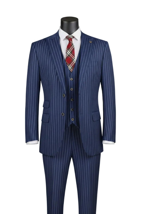 A mannequin wears the Regular Fit Blue Bold Stripes 3 Piece Suit With Adjustable Waistband Pants F-V2RS9 by Vinci Suits, paired with a white shirt and red plaid tie against a plain background.