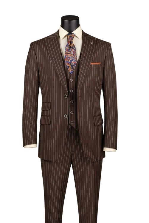 Regular Fit Brown Bold Stripes 3 Piece Suit With Adjustable Waistband Pants F-V2RS9 by Vinci Suits, with vest, cream shirt, patterned orange/navy tie, and orange pocket square on black mannequin.