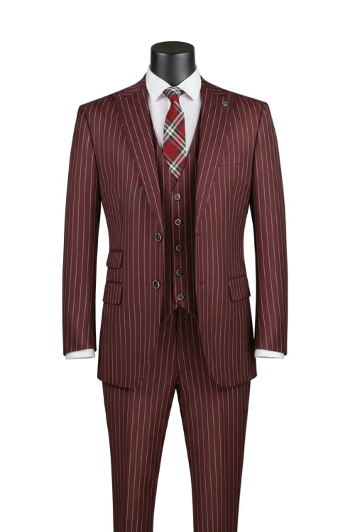 The Regular Fit Burgundy Bold Stripes 3 Piece Suit With Adjustable Waistband Pants F-V2RS9 by Vinci Suits is shown on a mannequin with a white shirt and red plaid tie.