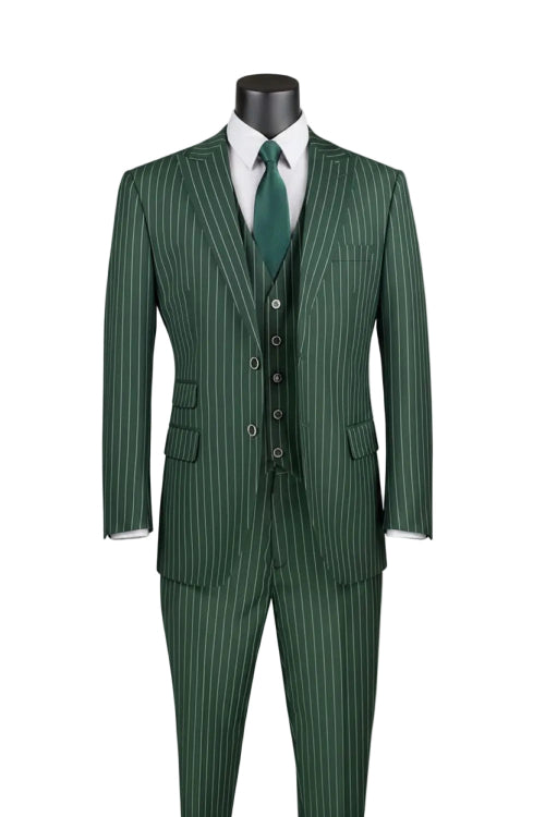 The Vinci Suits Regular Fit Hunter Green Bold Stripes 3 Piece Suit With Adjustable Waistband Pants F-V2RS9 is styled on a mannequin with a white shirt and matching green tie.