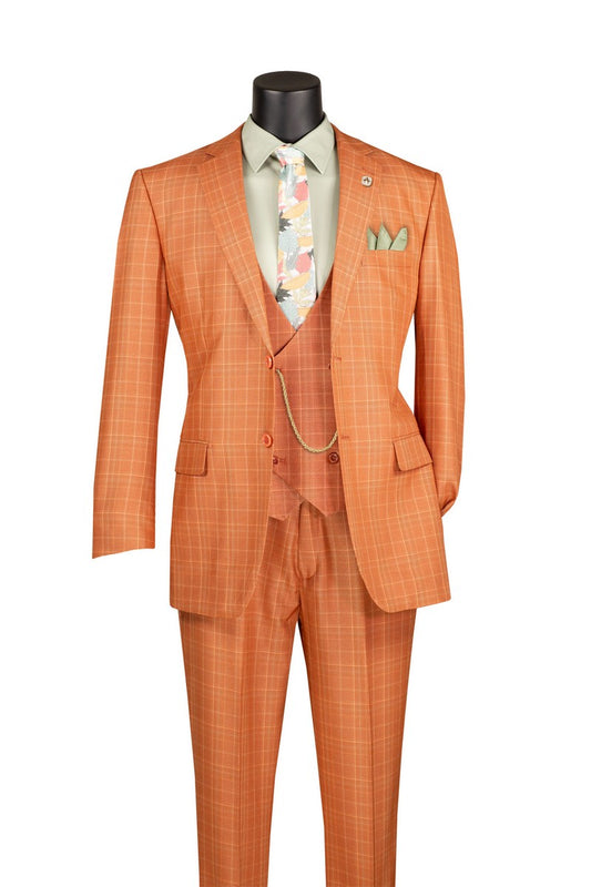 Vinci Suits Regular Fit Rust Glen Plaid 3 Piece Suit with Adjustable Waistband Pants F-V2RW7 shown on a mannequin with sage shirt, floral tie, matching vest, and pocket square.