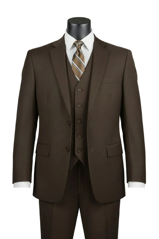 The Vinci Suits Regular Fit Brown 3 Piece Suit 2 Button with Adjustable Waistband Pants F-V2TR is showcased on a mannequin with a white shirt and brown striped tie.
