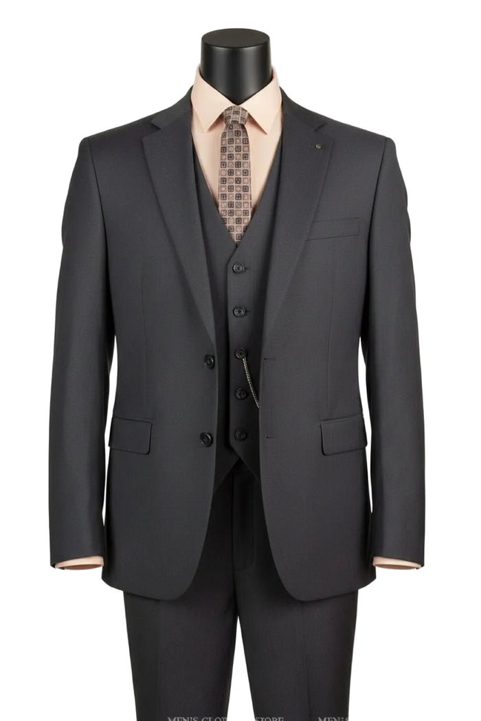 The Regular Fit Heather Gray 3 Piece Suit 2 Button with Adjustable Waistband Pants F-V2TR by Vinci Suits is shown on a mannequin with a light beige shirt and patterned tie.