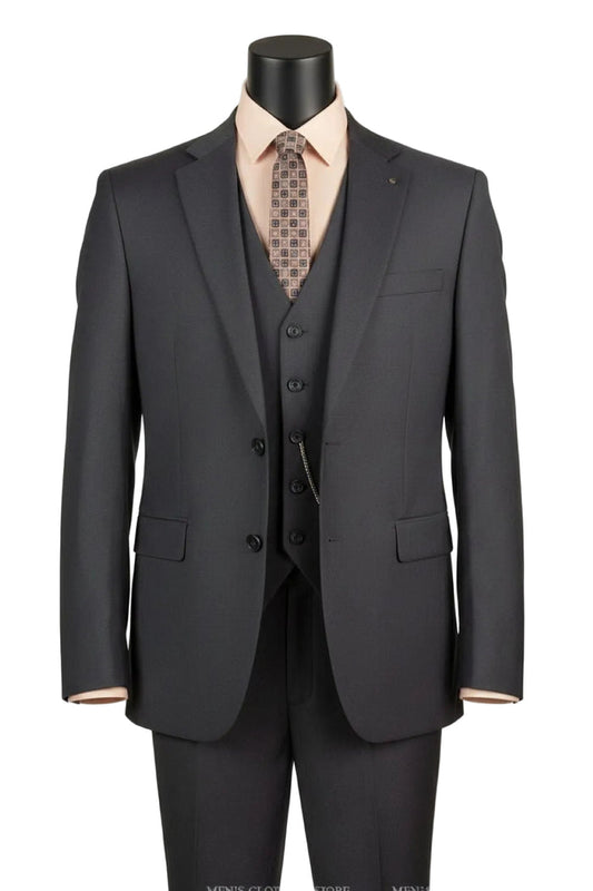 The Regular Fit Heather Gray 3 Piece Suit 2 Button with Adjustable Waistband Pants F-V2TR by Vinci Suits is shown on a mannequin with a light beige shirt and patterned tie.