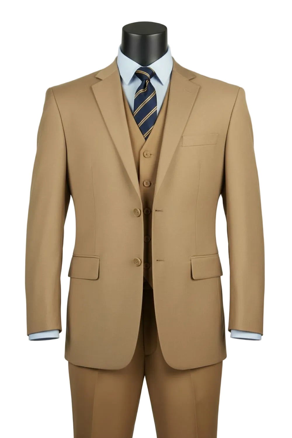 The Regular Fit Khaki 3 Piece Suit 2 Button with Adjustable Waistband Pants F-V2TR by Vinci Suits is displayed on a mannequin with a light blue shirt and navy striped tie.