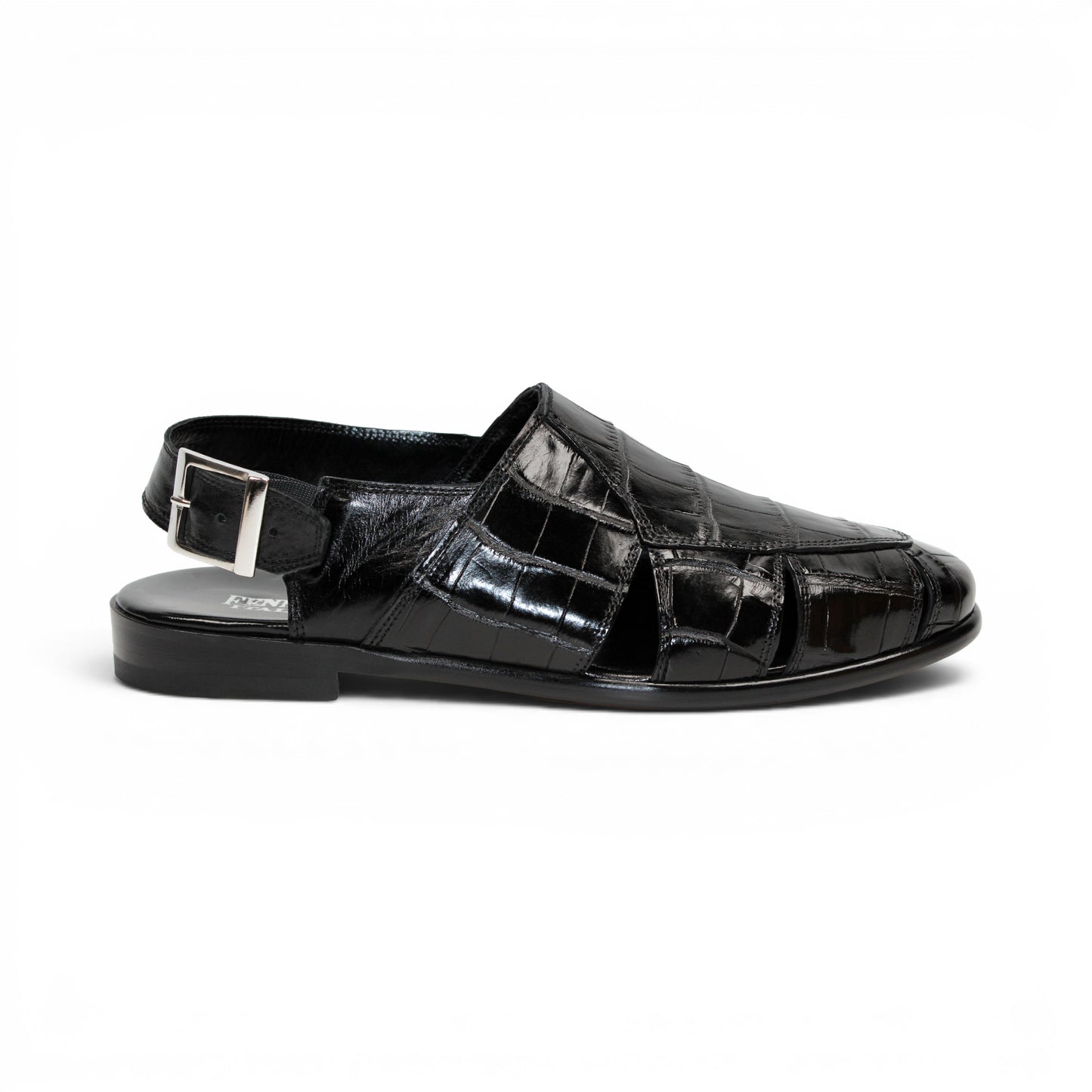 Introducing the Fennix F131 Black sandal by Fennix of Italy—a black leather design featuring a closed toe, open heel, silver buckle strap, and a flat sole, elegantly displayed on a white background. Crafted for those who value luxury footwear, this sandal offers refined style and comfort with every step.