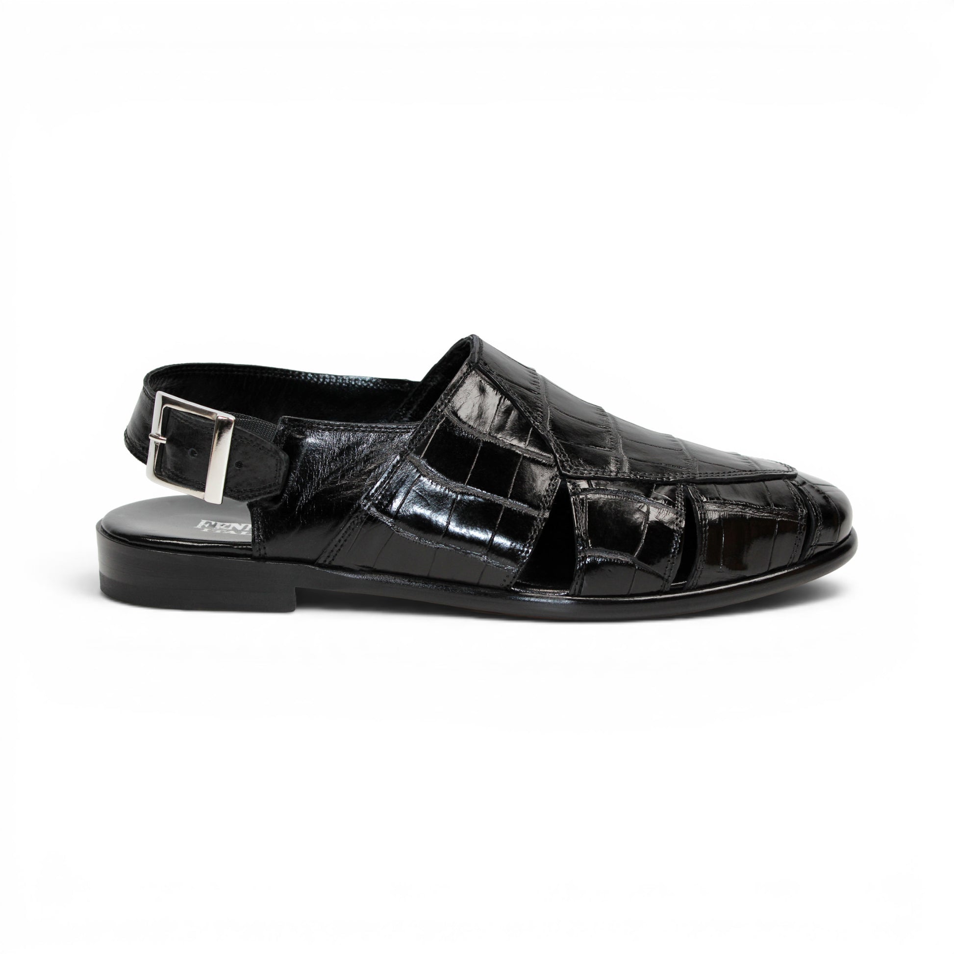 Introducing the Fennix F131 Black sandal by Fennix of Italy—a black leather design featuring a closed toe, open heel, silver buckle strap, and a flat sole, elegantly displayed on a white background. Crafted for those who value luxury footwear, this sandal offers refined style and comfort with every step.