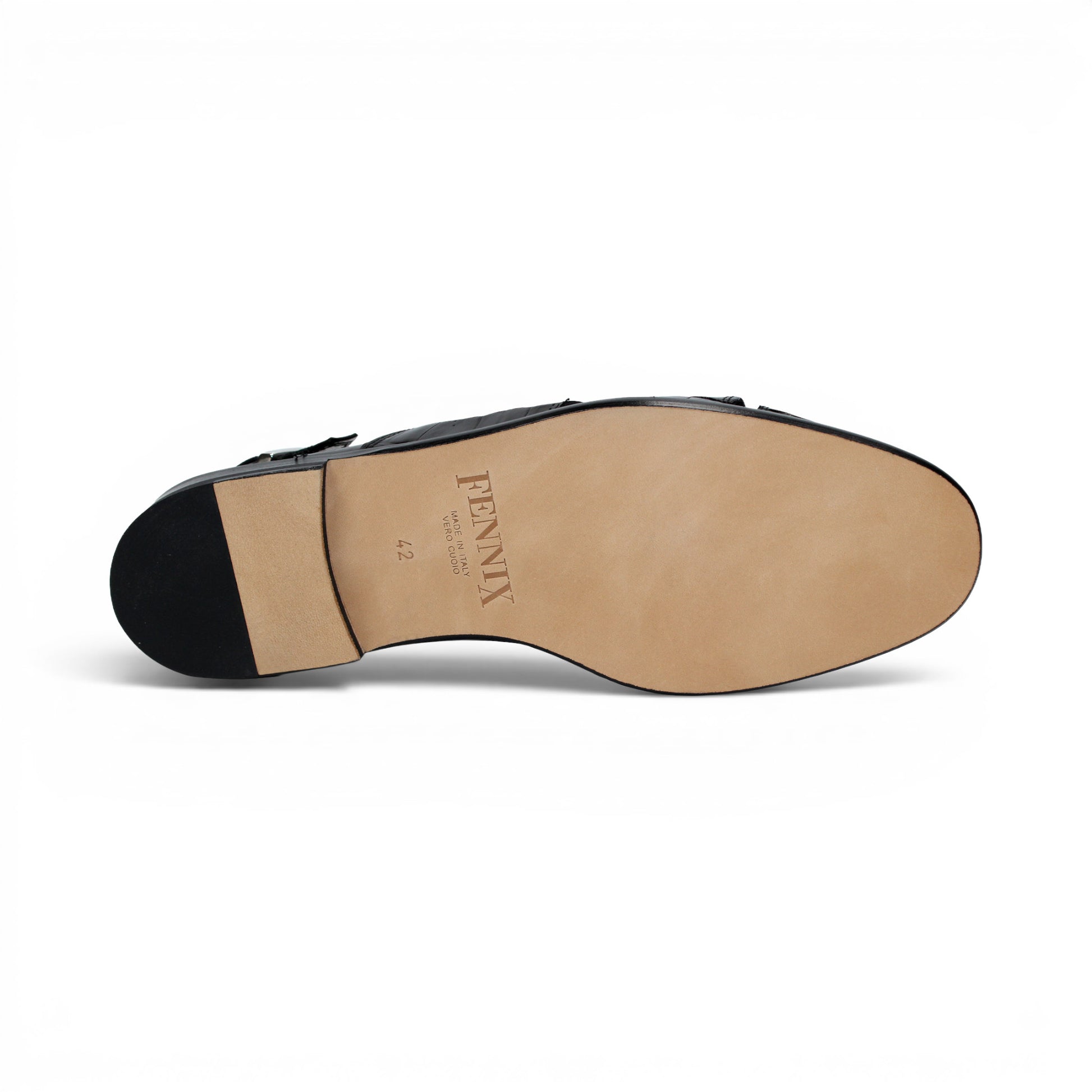 Introducing the Fennix F131 Black sandal by Fennix of Italy—a black leather design featuring a closed toe, open heel, silver buckle strap, and a flat sole, elegantly displayed on a white background. Crafted for those who value luxury footwear, this sandal offers refined style and comfort with every step.