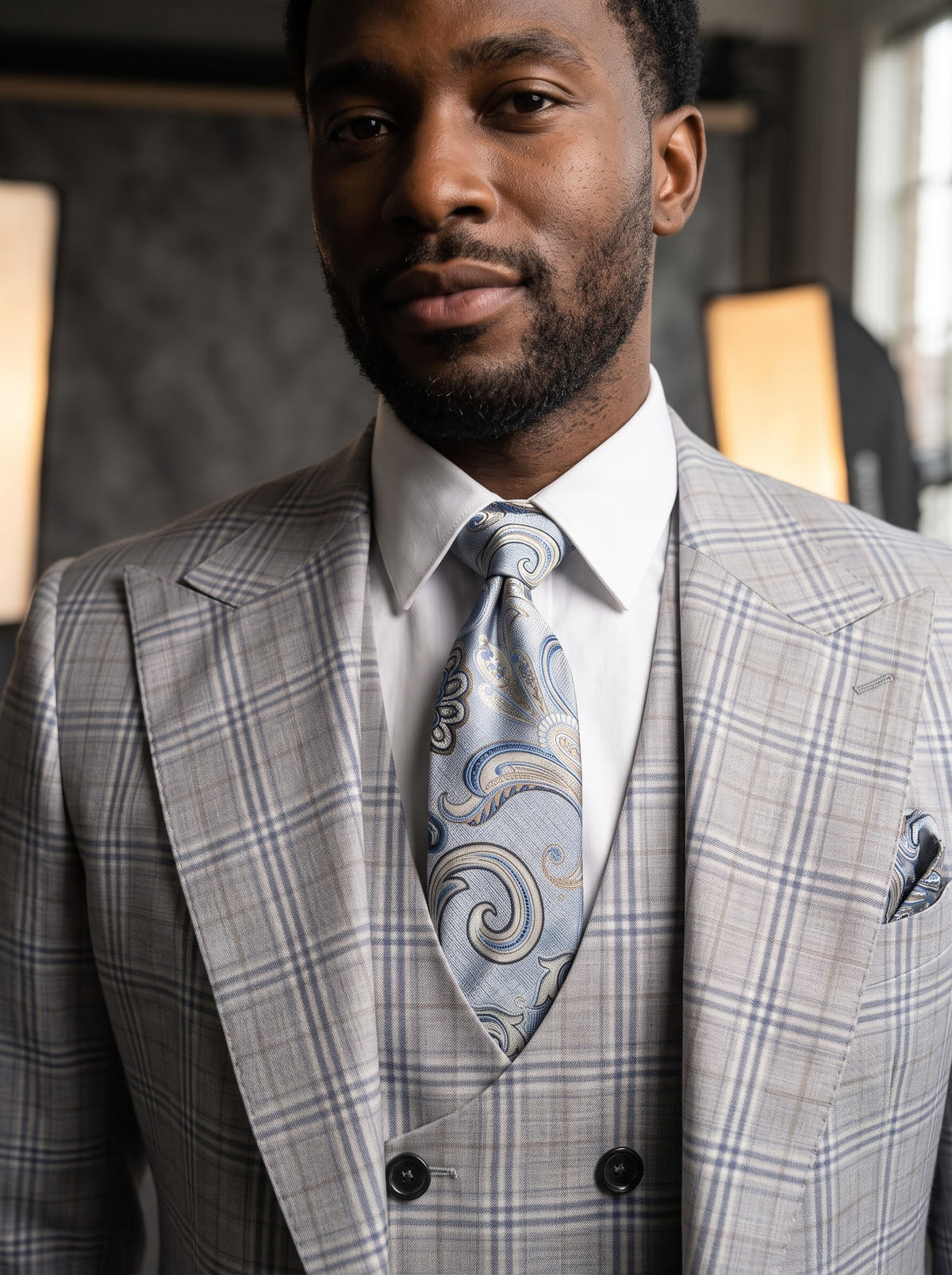 A man wearing a light grey, blue, and rust plaid Tiglio Rosso Orvietto Light Grey/Blue/Rust Plaid Semi Wide Leg 9052/03 three-piece suit with a wide-leg fit, white dress shirt, and patterned tie.