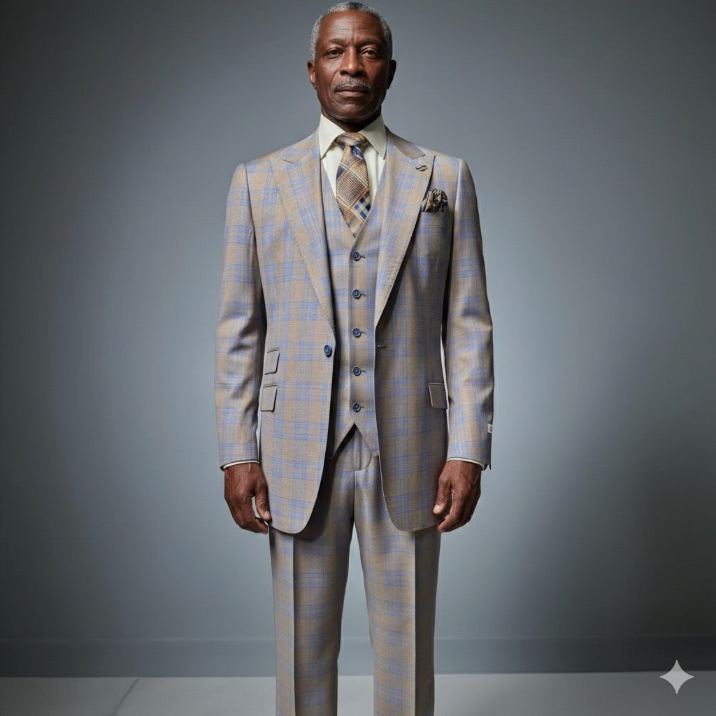 A mannequin is dressed in the Tiglio Rosso Portofino Light Taupe Blue Semi Wide Leg TL8312 suit, complete with a matching tie and pocket square, showcased in a gray minimalist setting.