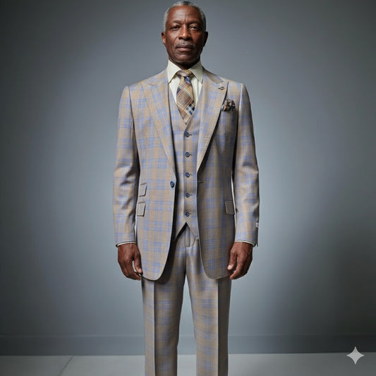 A mannequin is dressed in the Tiglio Rosso Portofino Light Taupe Blue Semi Wide Leg TL8312 suit, complete with a matching tie and pocket square, showcased in a gray minimalist setting.