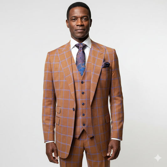A man wears the Tiglio Rosso Portofino Rust Blue Windowpane Semi Wide Leg suit TL8067, styled with a white shirt and patterned tie, standing against a plain white background.