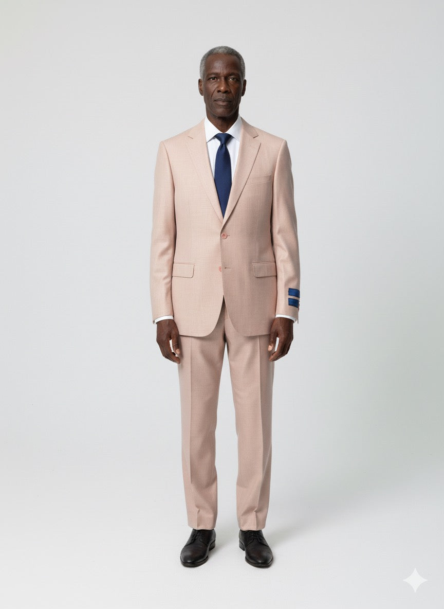 The Cavelli Uomo Porto SLIM FIT Suit 1986/16 in Dark Blush by CAVELLI features pink sleeve buttons and two blue stripes on the right cuff, combining lightweight comfort with modern style. FINAL SALE—NO RETURN OR EXCHANGE.