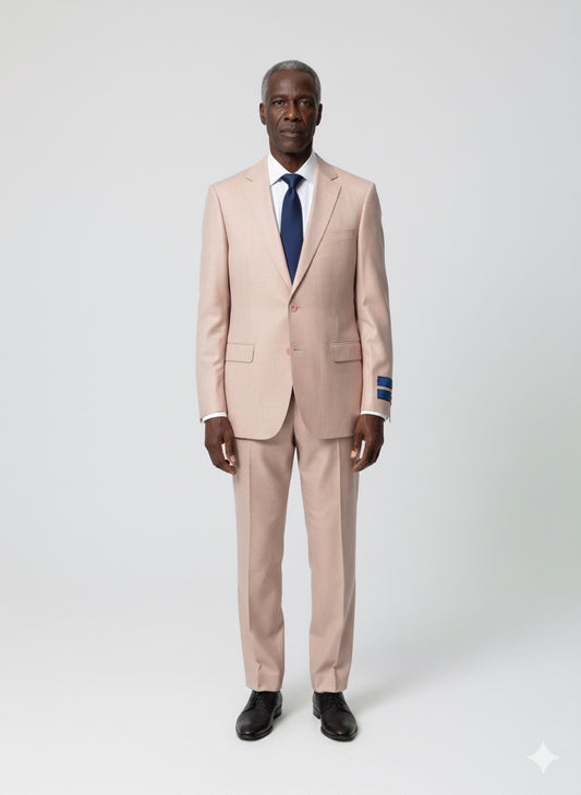 The Cavelli Uomo Porto SLIM FIT Suit 1986/16 in Dark Blush by CAVELLI features pink sleeve buttons and two blue stripes on the right cuff, combining lightweight comfort with modern style. FINAL SALE—NO RETURN OR EXCHANGE.