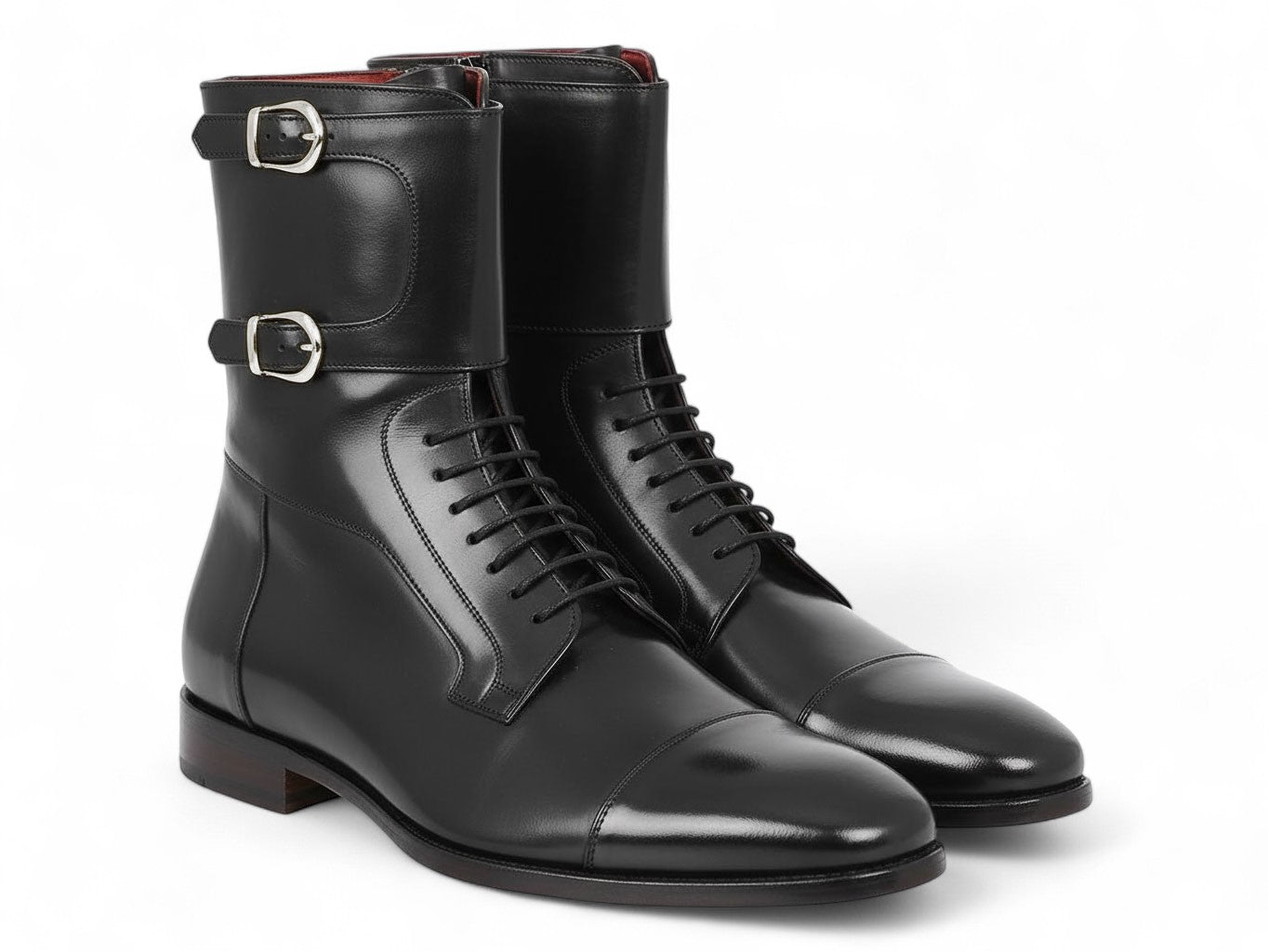 A pair of Paul Parkman High Boots Black Calfskin (F555-BLK) are shown, one upright and one propped horizontally. Both have a slight sheen, black hand-painted finish, cap-toe design, and visible red lining inside.