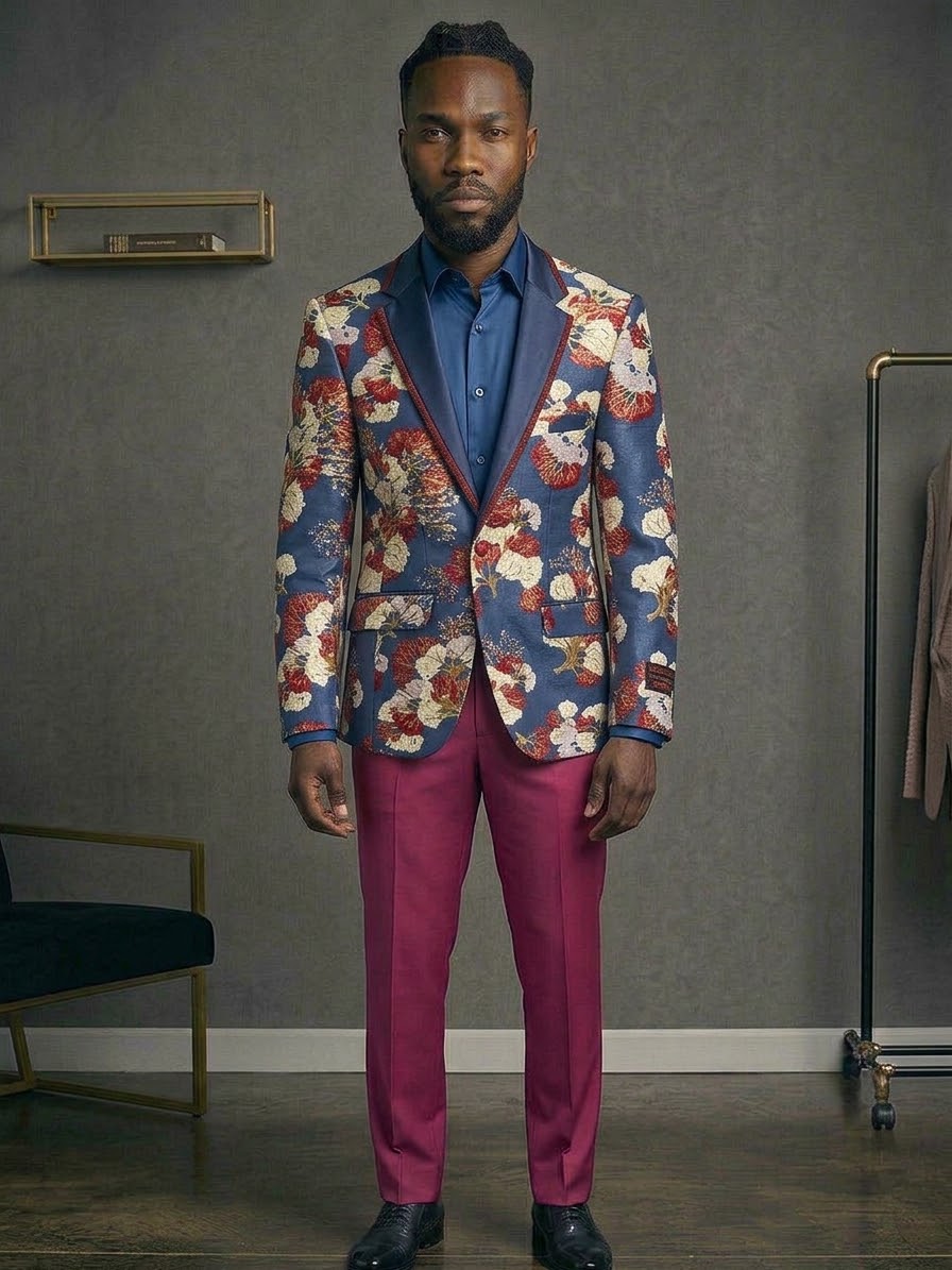 Man indoors wearing EJ SAMUEL Jacket 17 Size Small, blue shirt, and magenta pants. Chair, shelf, and clothing rack visible. Final sale—no returns or exchanges.